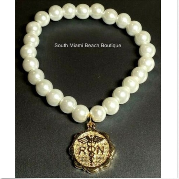 RN Nursing Caduceus Pearl Bead Charm Bracelet Gold Plated Nurse Graduation Gift - Picture 3 of 8